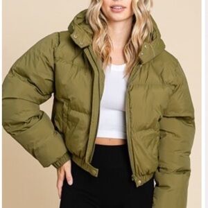 Olive green, hooded, puffy jacket crop